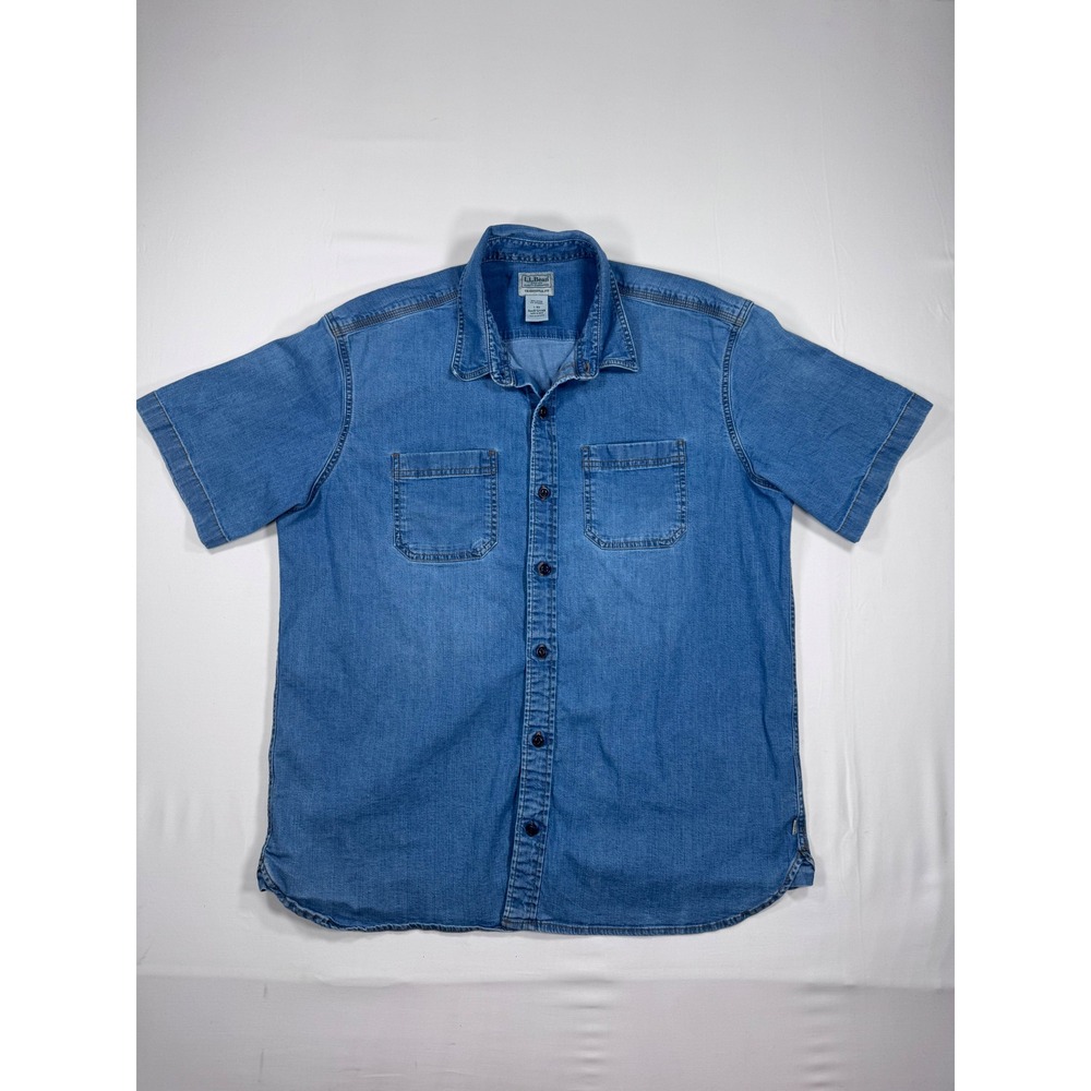 LL Bean Denim Shirt Short Sleeve Traditional Fit Blue Men's L Vintage Relaxed